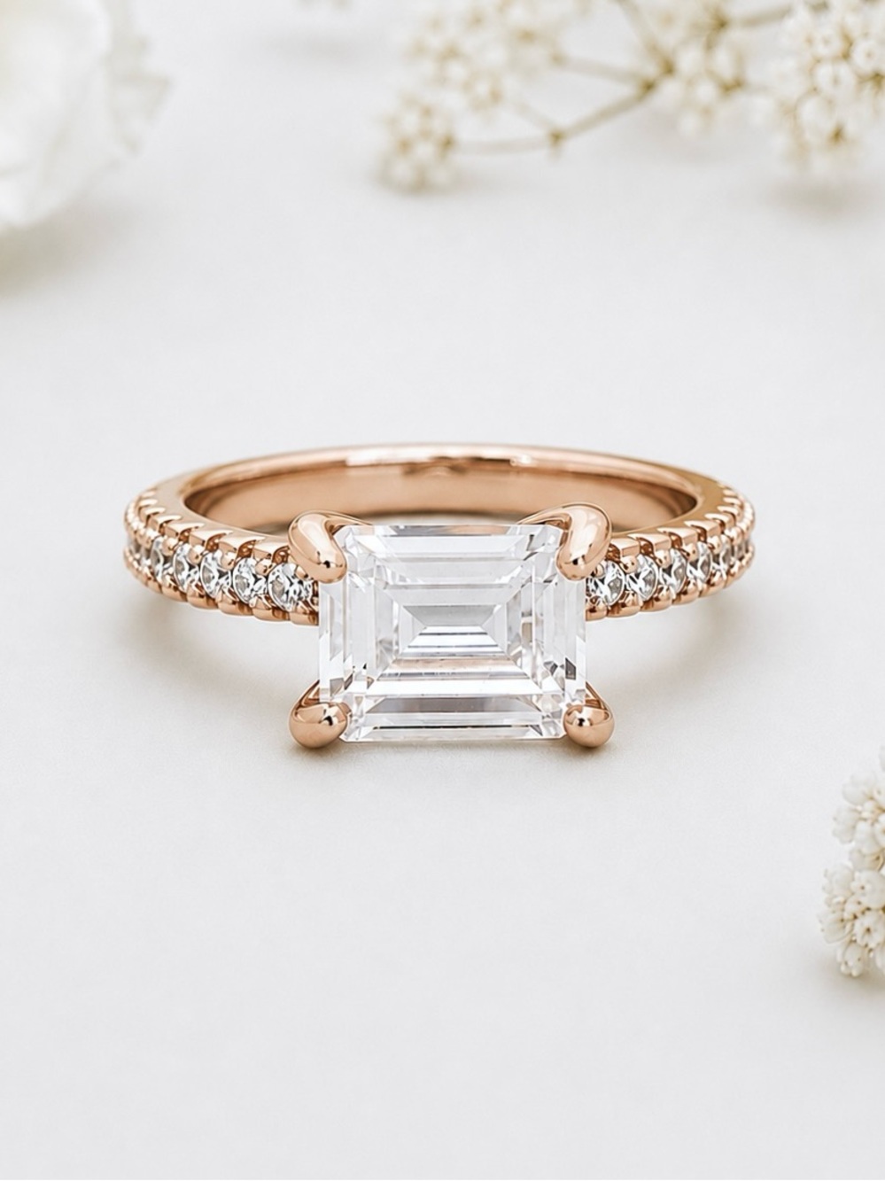 Rose Gold Emerald Cut CZ Sideways East West Sterling Silver Pave Band Ring